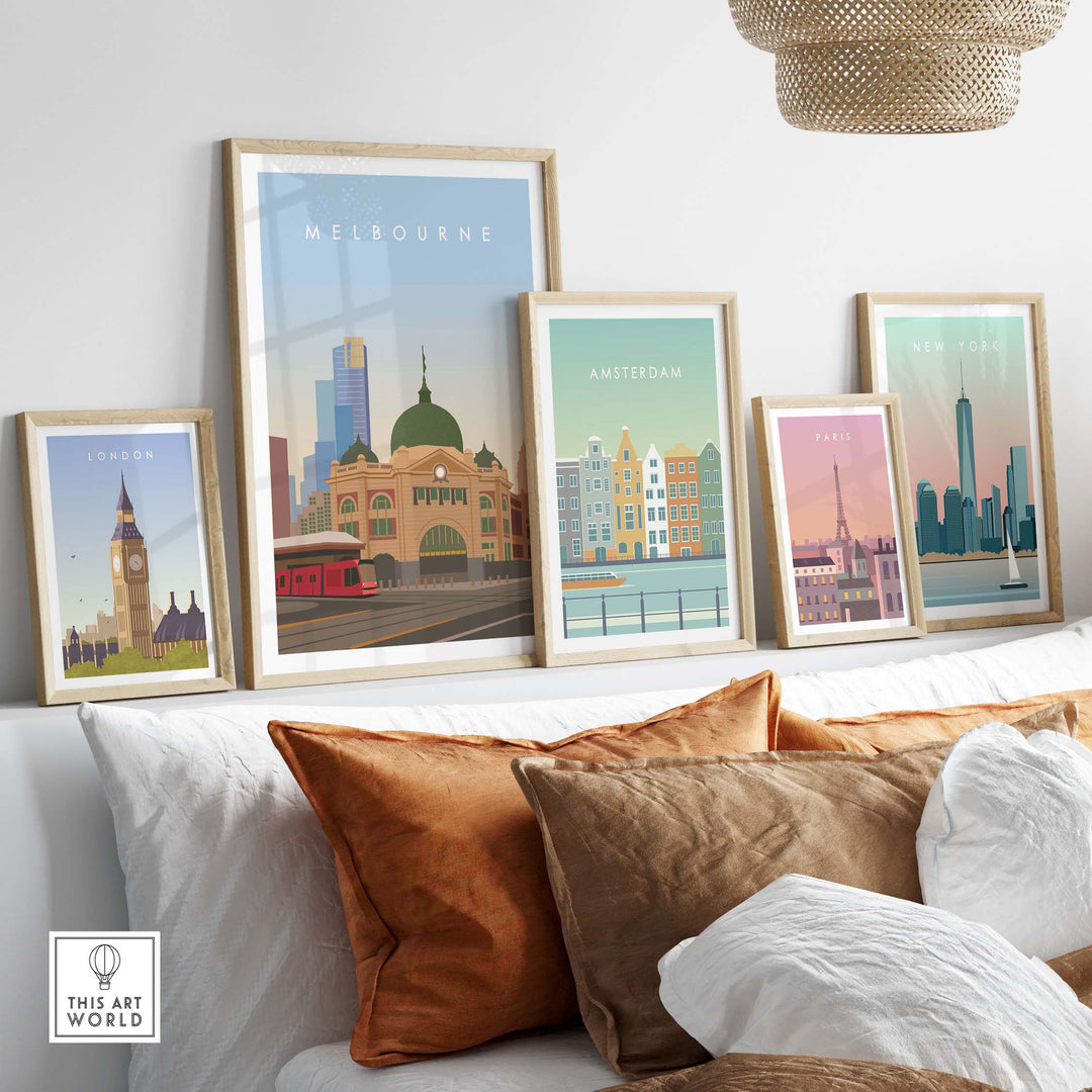 Melbourne Wall Art Print and travel poster collection in stylish frames on a modern sofa with decorative pillows.