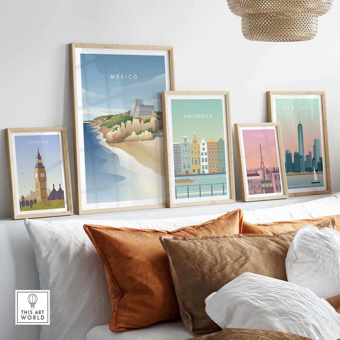 Stylish framed travel posters featuring Mexico, Amsterdam, London, Paris, and New York in a cozy living space.