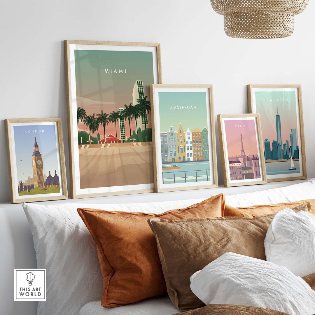 Miami Print Wall Art Poster collection featuring framed artworks of Miami, London, Amsterdam, Paris, and New York.
