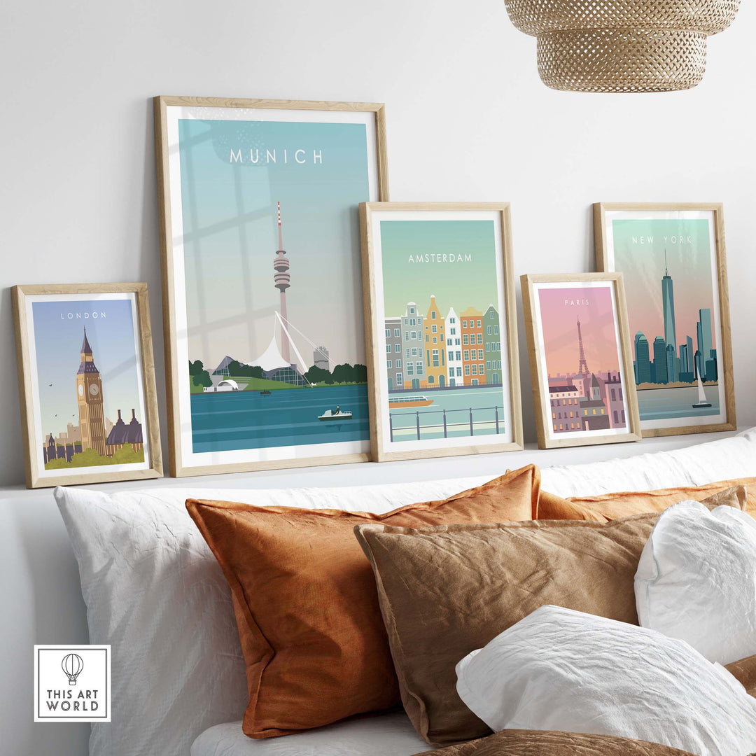 Munich Print Travel Poster displayed with art from London, Amsterdam, Paris, and New York in a stylish interior setting.