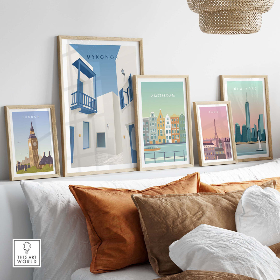 Mykonos wall art poster among vintage travel prints in stylish living room decor.