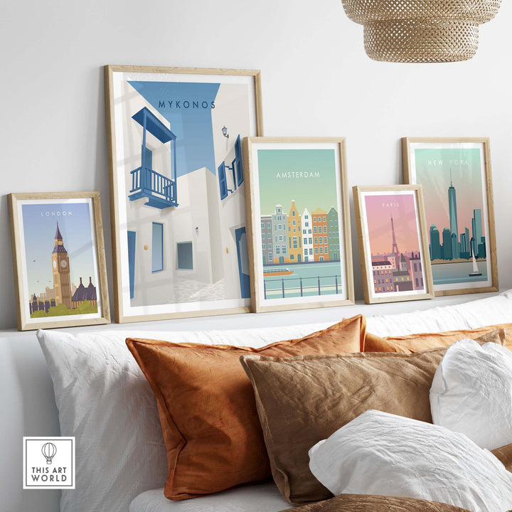 Mykonos wall art poster among vintage travel prints in stylish living room decor.