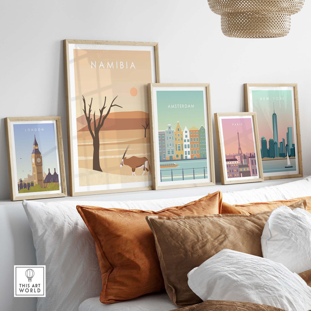 Stylish gallery wall featuring Namibia Print Dunes Poster alongside framed city art prints from London, Amsterdam, and Paris.