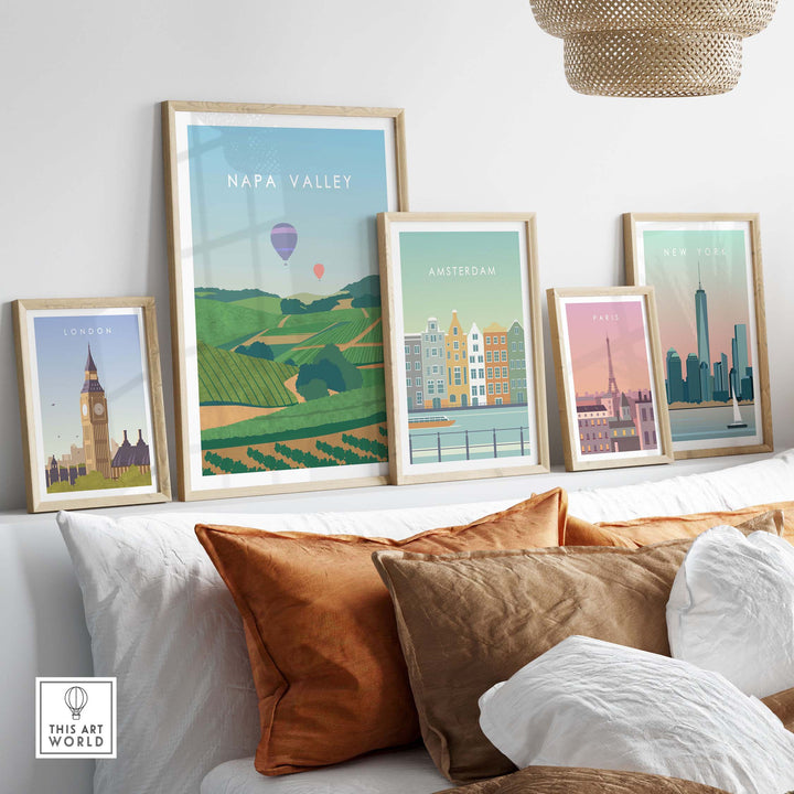 Napa Valley Print Wall Art Poster displayed among framed travel posters in a stylish living room setting.