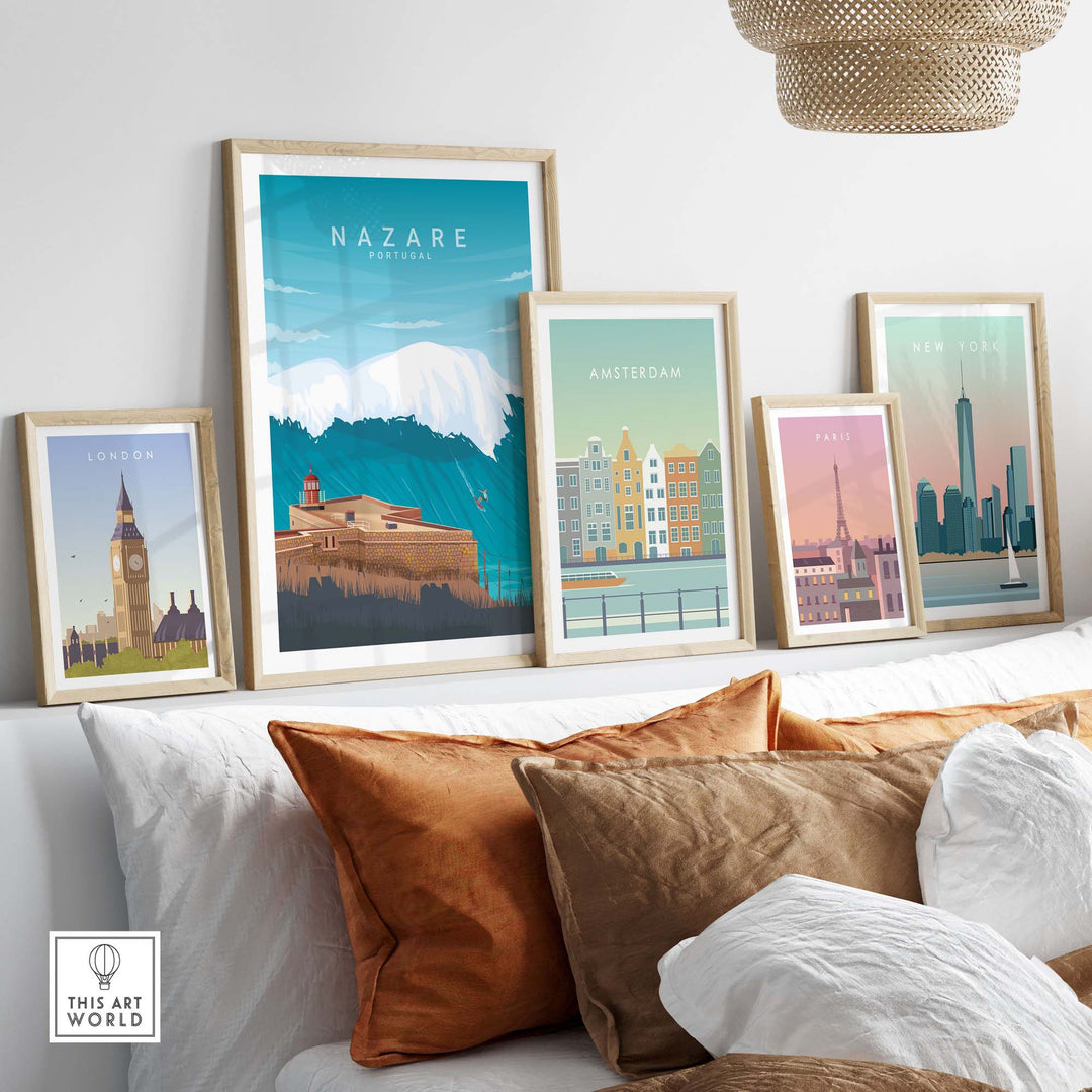 Nazare travel poster print featured with other city prints in a stylish home decor setting.