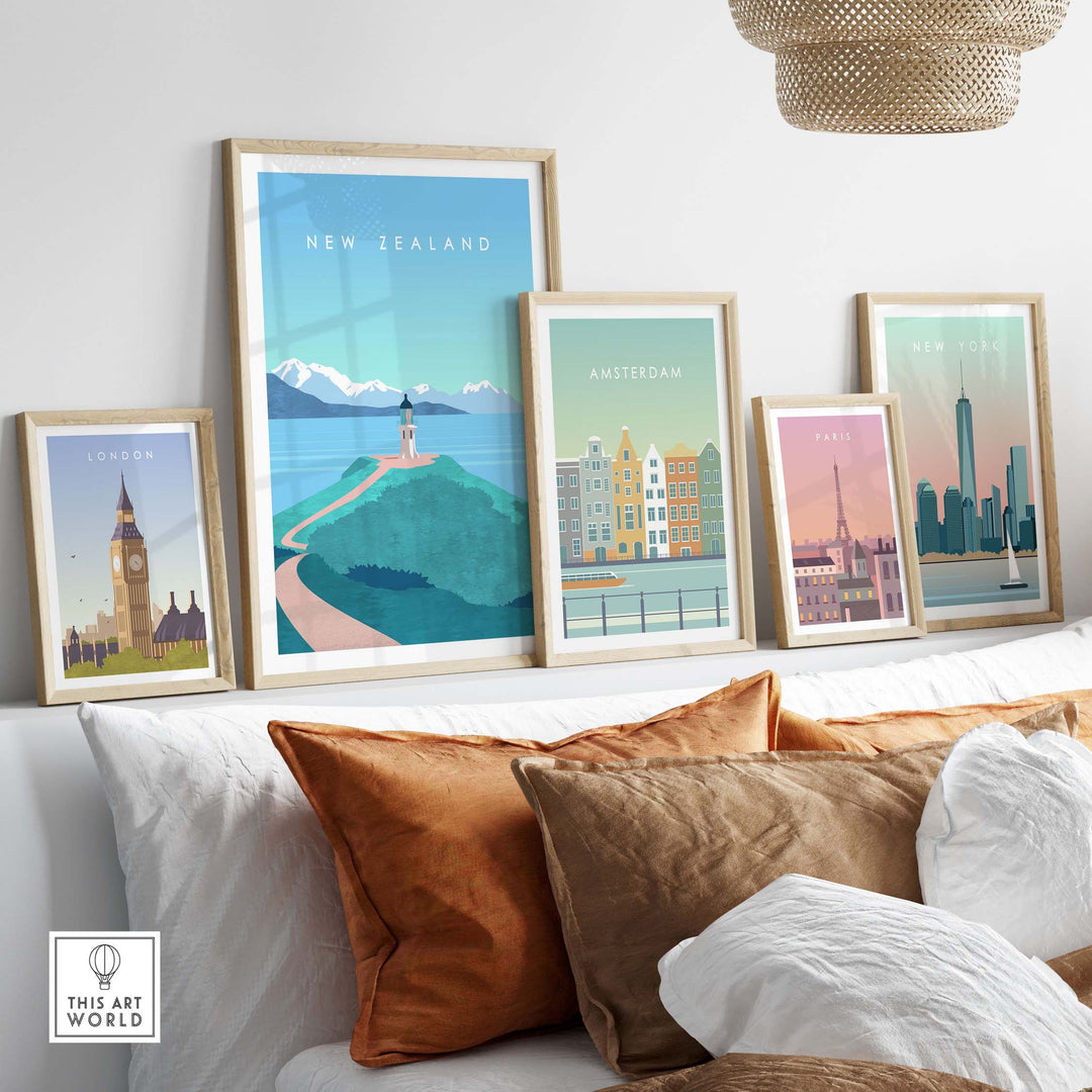 New Zealand Print Wall Art Poster displayed with other city travel posters in a stylish home decor setting.