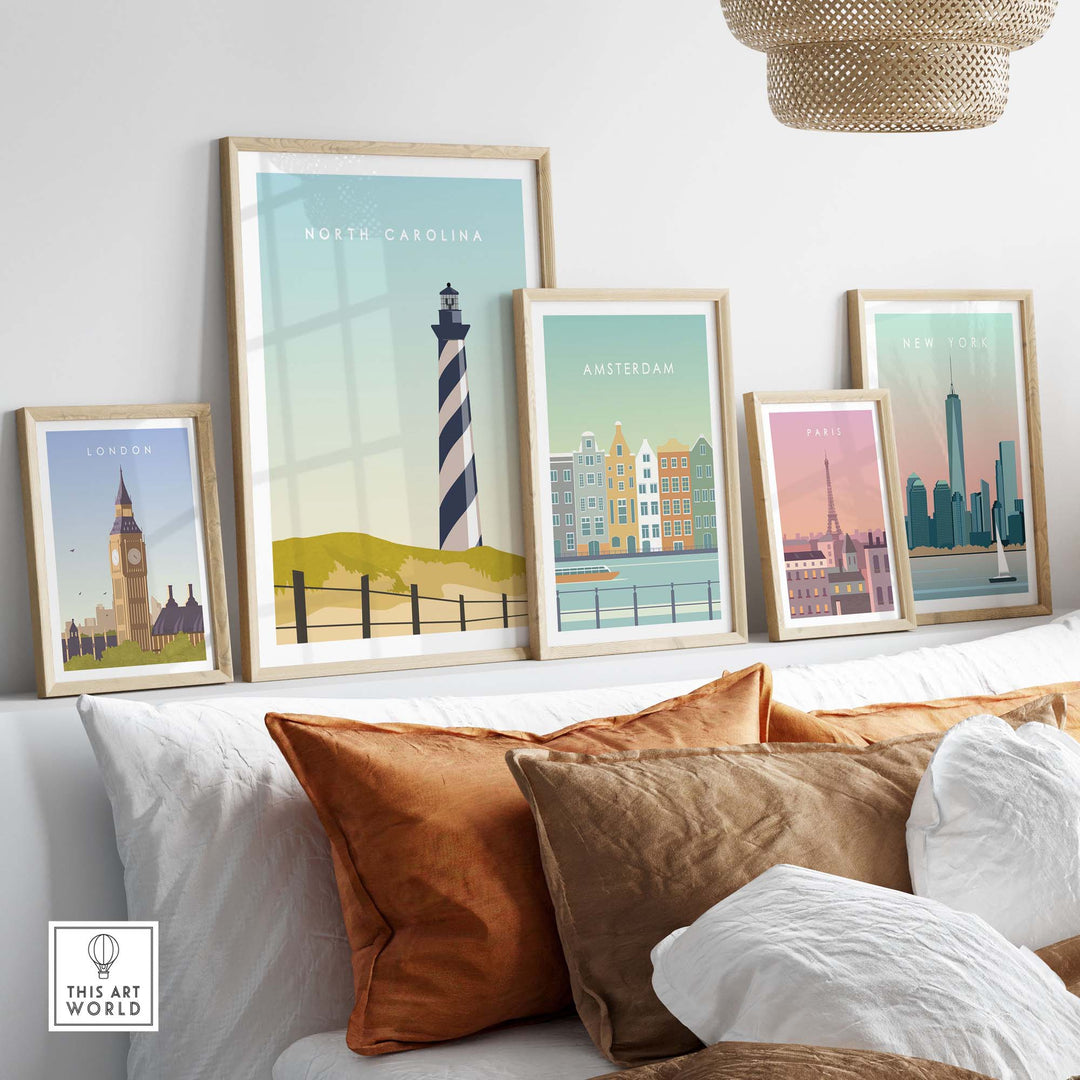 North Carolina travel poster print displayed with other city art prints in a stylish living room setting.
