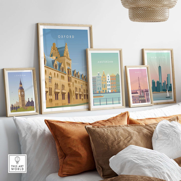 Framed Oxford Wall Art Poster collection featuring vintage city travel prints in stylish living room decor.