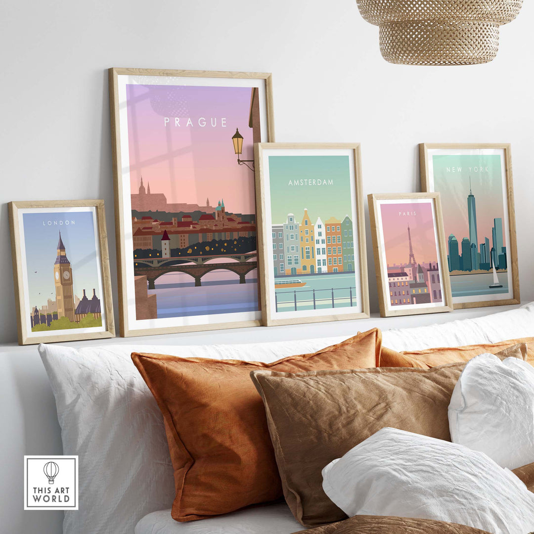 Prague Print Wall Art Poster showcased in a stylish living room with framed travel art from London, Amsterdam, and New York.