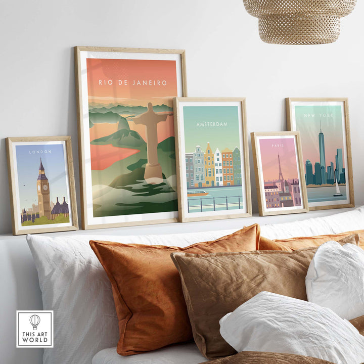 Collection of travel wall art posters, featuring Rio de Janeiro, London, Amsterdam, and Paris, styled in elegant frames.