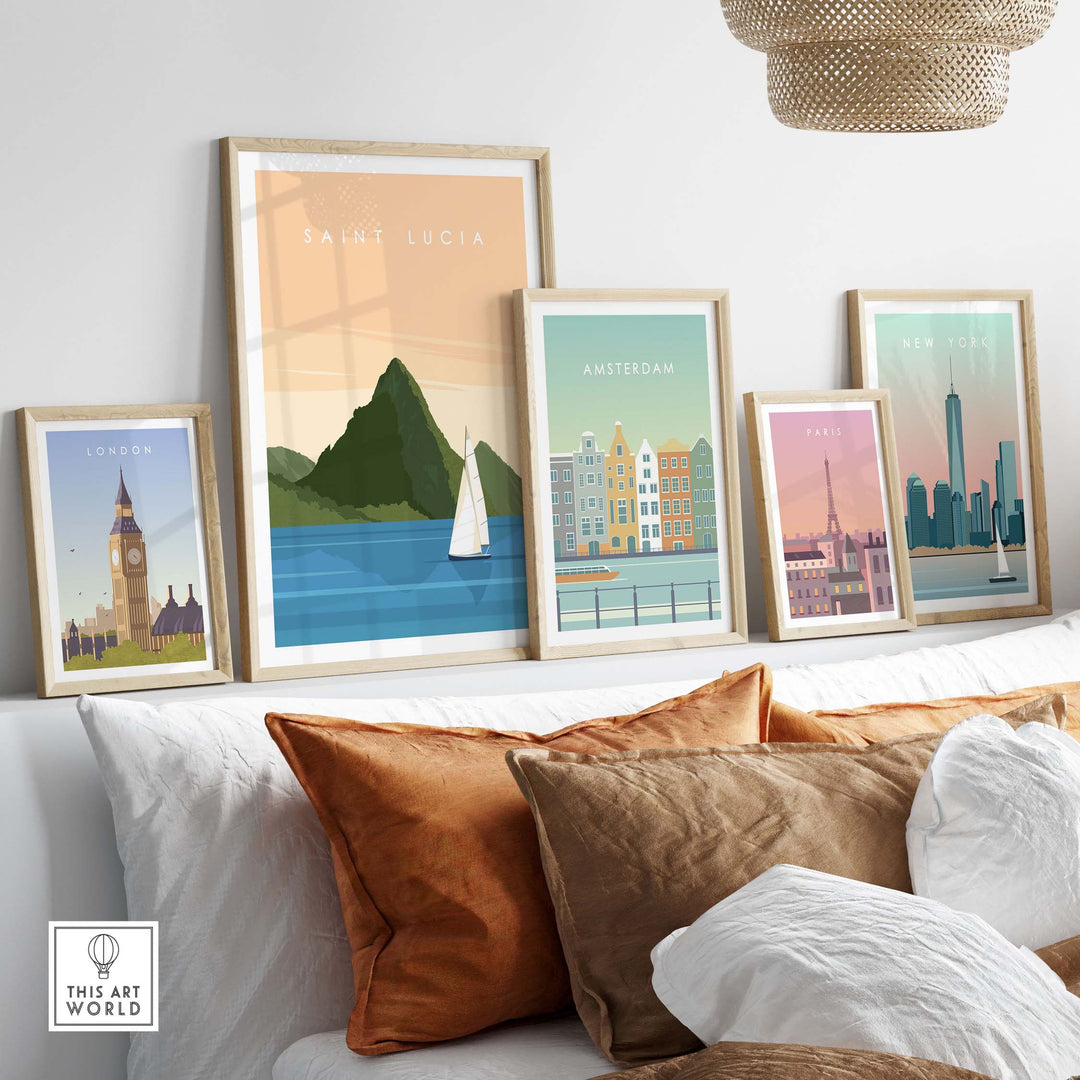 Saint Lucia Wall Art Print alongside other city travel posters on a stylish shelf with decorative cushions.