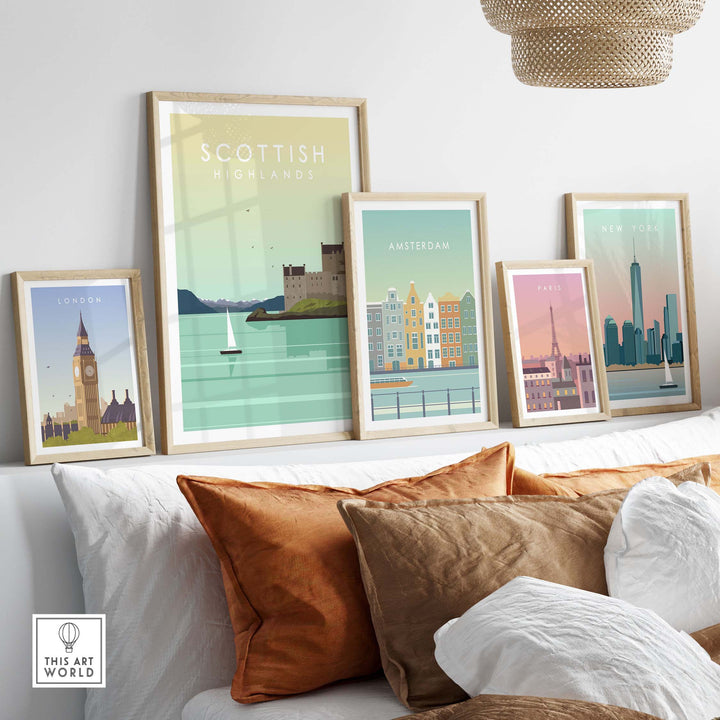 Scottish Highlands Print Wall Art alongside framed posters of London, Amsterdam, Paris, and New York on a stylish couch.