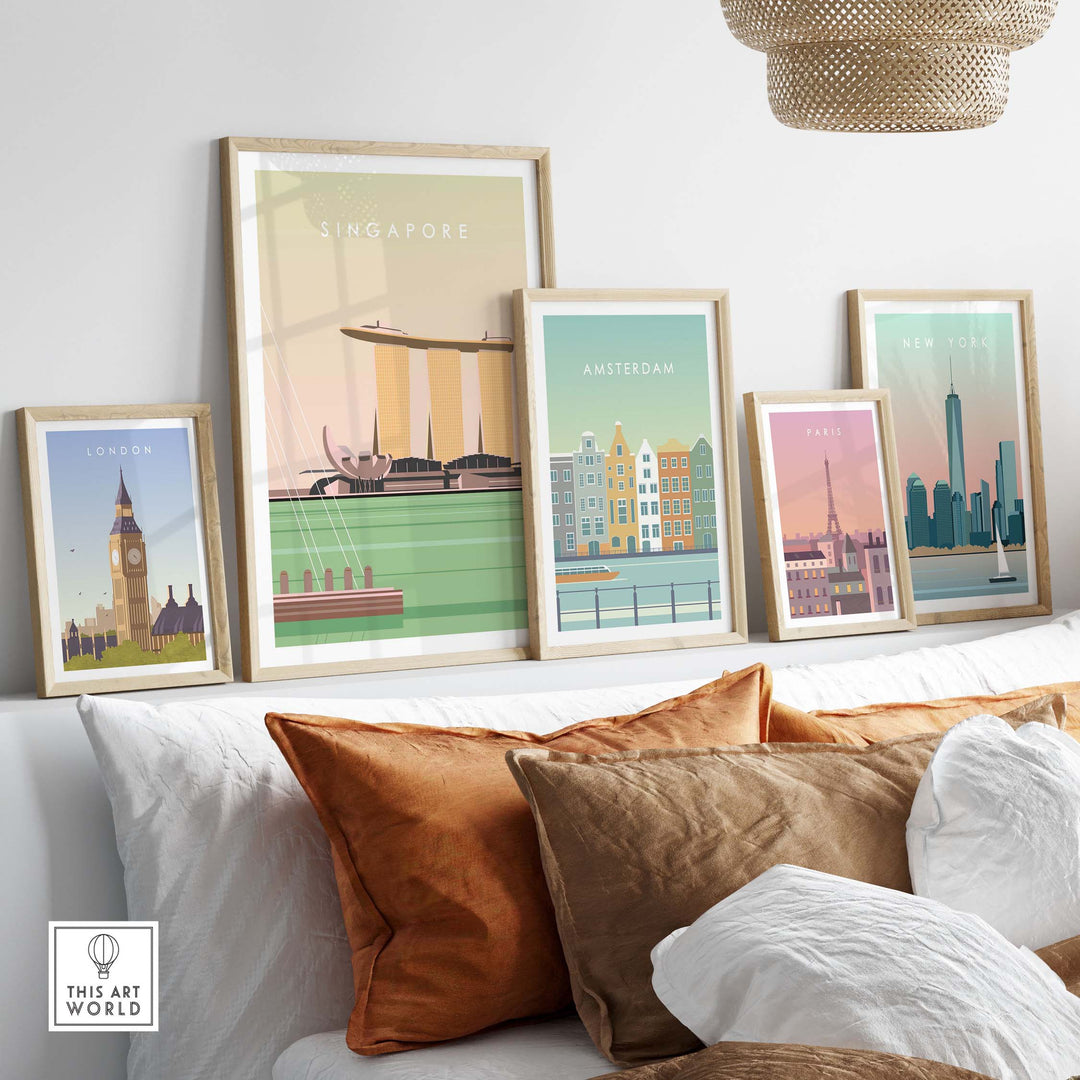 Singapore poster print among framed travel art featuring London, Amsterdam, and New York in a stylish living room setting.