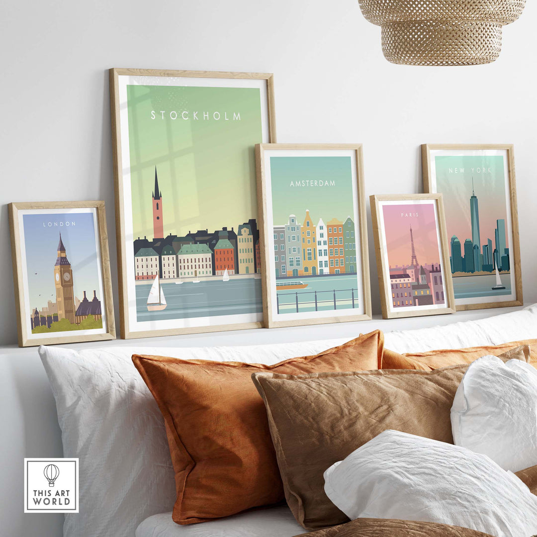 Stockholm Print Wall Art Poster displayed with other city prints on a cozy sofa, showcasing stylish wall decor.