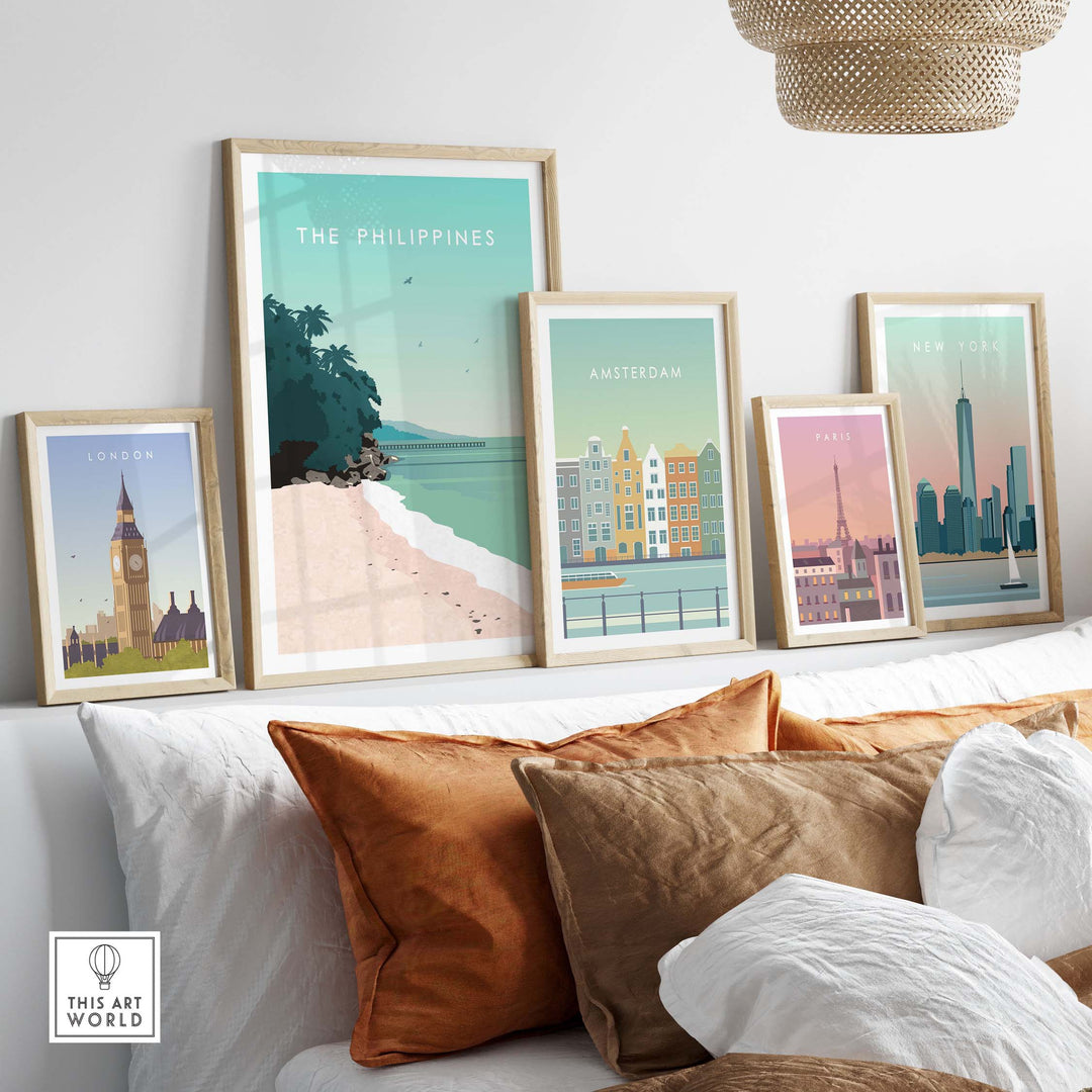 Framed wall art prints featuring The Philippines, London, Amsterdam, Paris, and New York in a stylish living room setting.