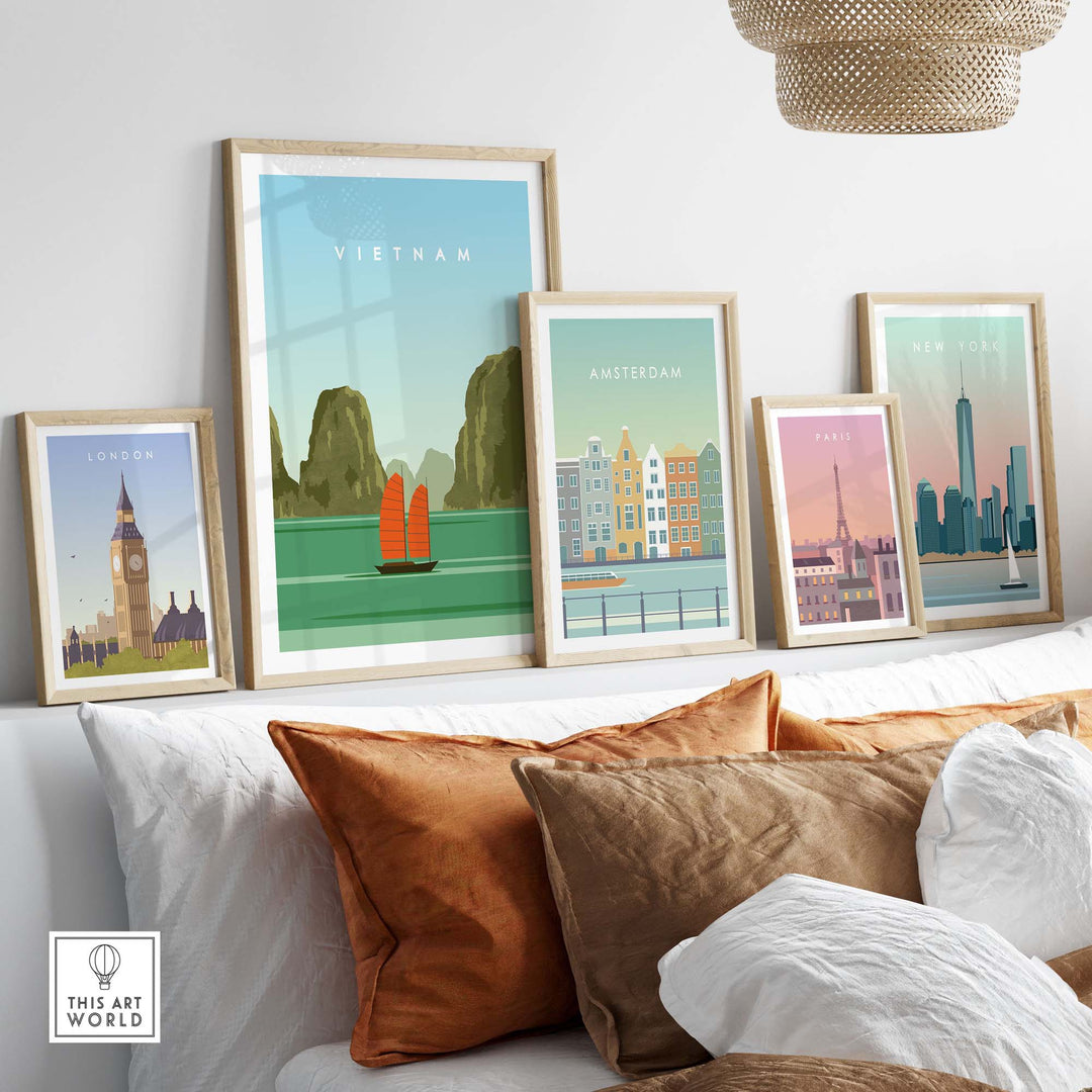 Stylish Vietnam travel poster print displayed among framed minimalist city art on a cozy sofa.
