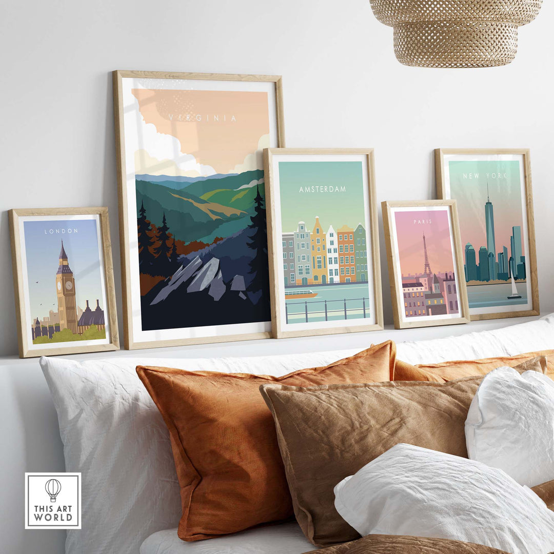 Virginia Travel Poster Print displayed among vintage travel art prints on a stylish home interior wall.