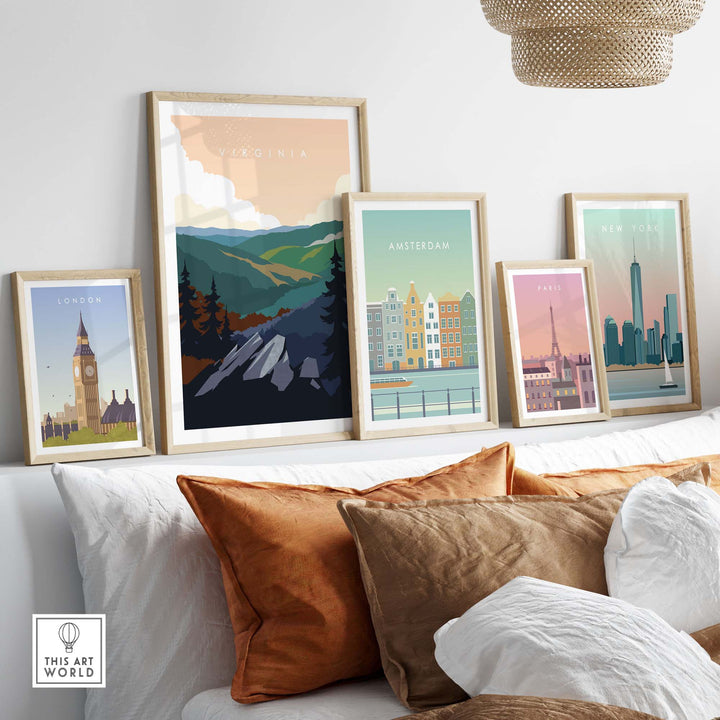 Virginia Travel Poster Print displayed among vintage travel art prints on a stylish home interior wall.