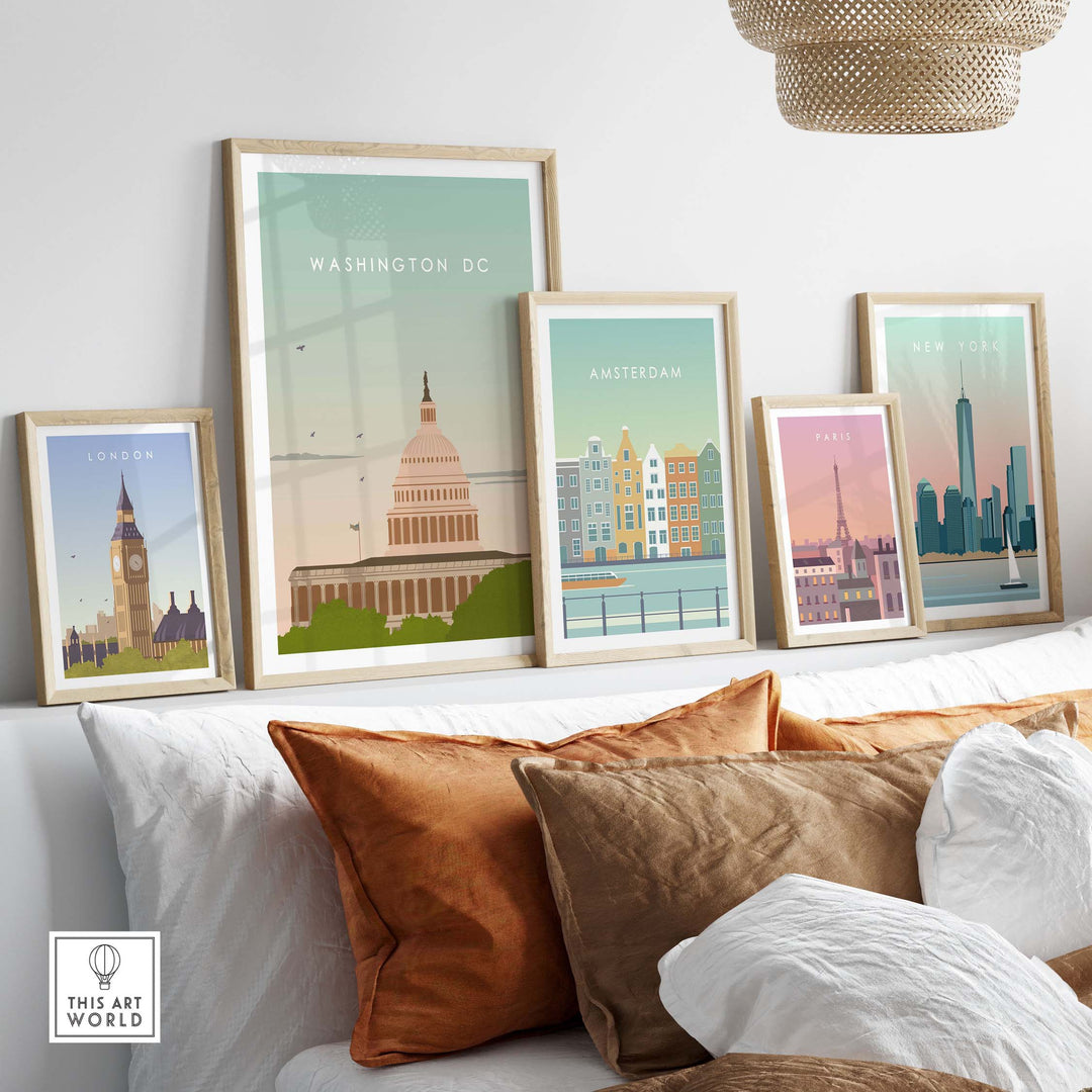 Washington DC vintage travel poster print displayed among framed city artwork in a cozy living room setting.