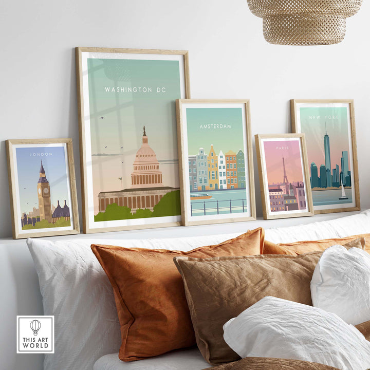 Washington DC vintage travel poster print displayed among framed city artwork in a cozy living room setting.