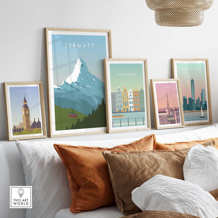 Zermatt print wall art poster displayed among other travel posters in a stylish modern living room decor.