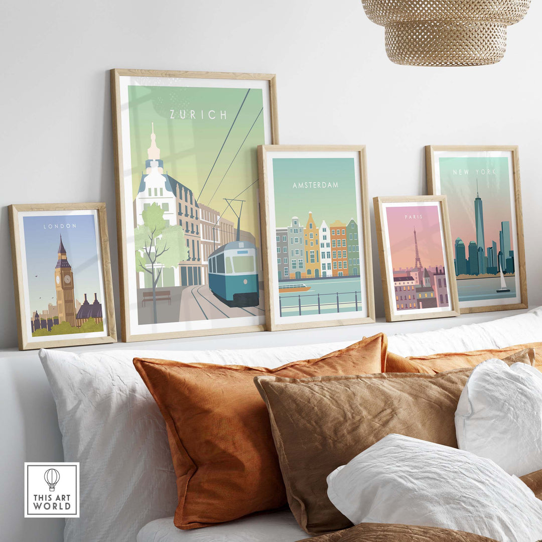 Zurich Print Wall Art Poster displayed with other city prints, inspiring wanderlust and vintage travel nostalgia.