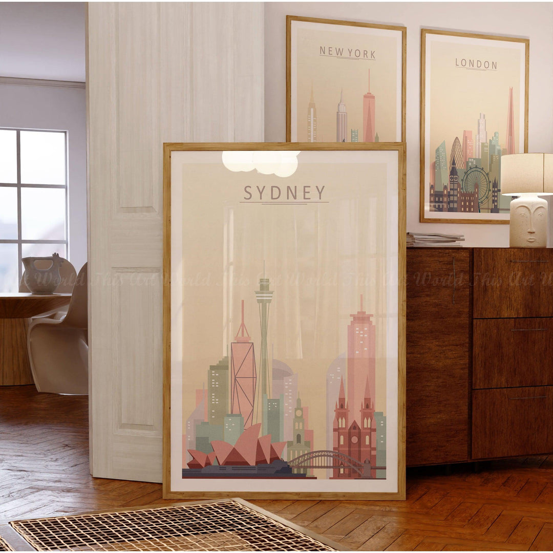 Sydney City Skyline print showcasing Sydney Harbour Bridge and Opera House in warm pastel colors.