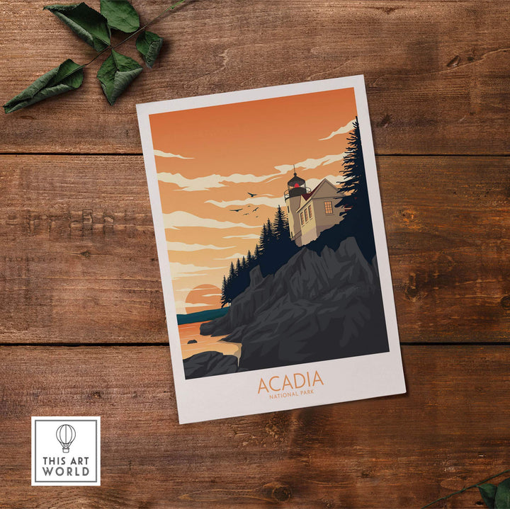 Acadia National Park art print showcasing a lighthouse against an orange sunset, perfect for nature lovers.