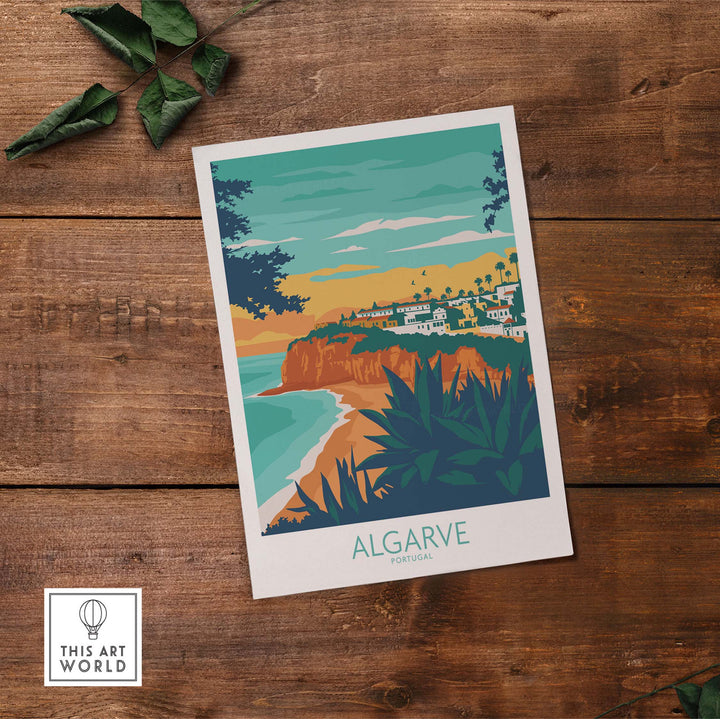 Algarve Print Portugal vintage travel poster depicting coastal scenery and vibrant colors.