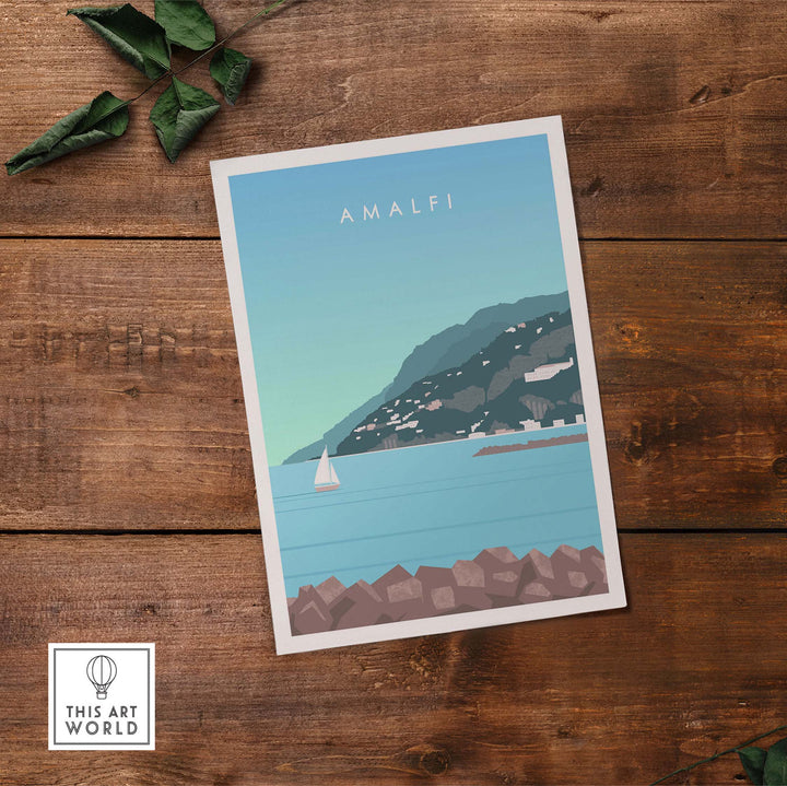 Amalfi Coast Italy vintage travel art print, showcasing serene waters and coastal scenery.