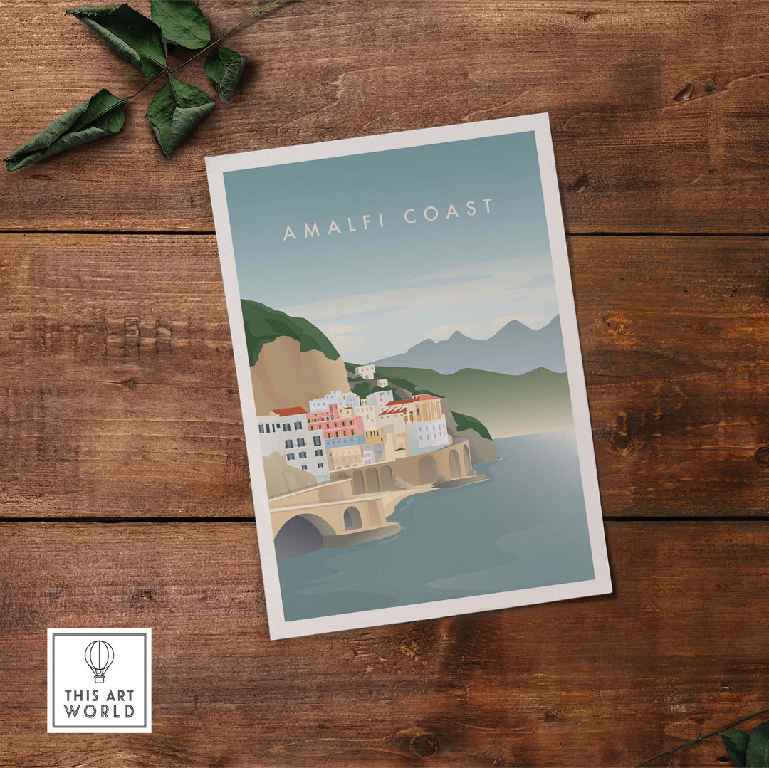 Minimalist Amalfi Coast print featuring coastal village and mountains on wooden backdrop.