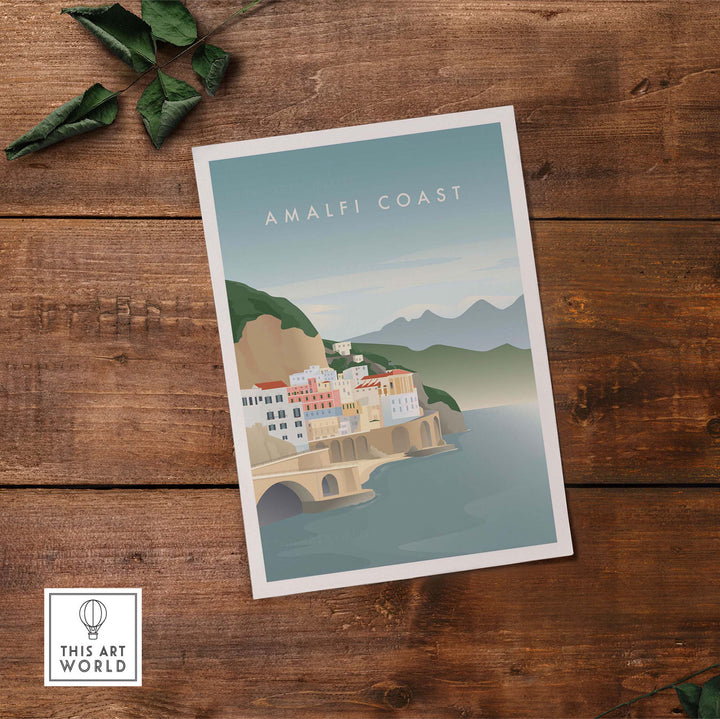 Minimalist Amalfi Coast print featuring coastal village and mountains on wooden backdrop.