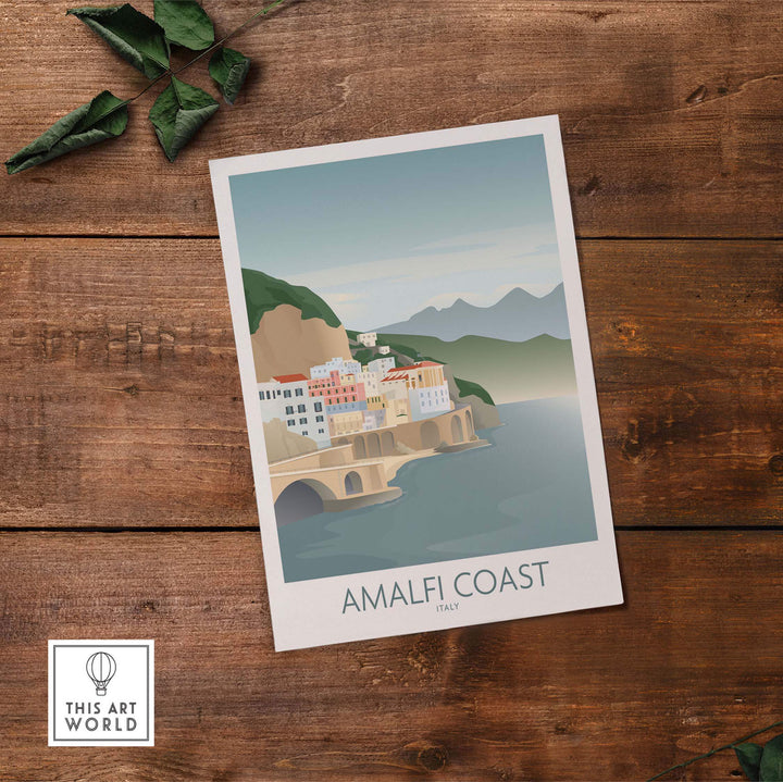 Minimalist Amalfi Coast wall art print showcasing vintage travel aesthetics for home decor.
