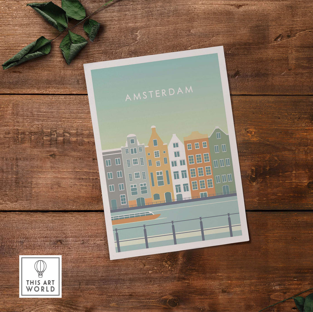 Amsterdam Print Wall Art Poster featuring colorful canal houses inspired by vintage travel art.