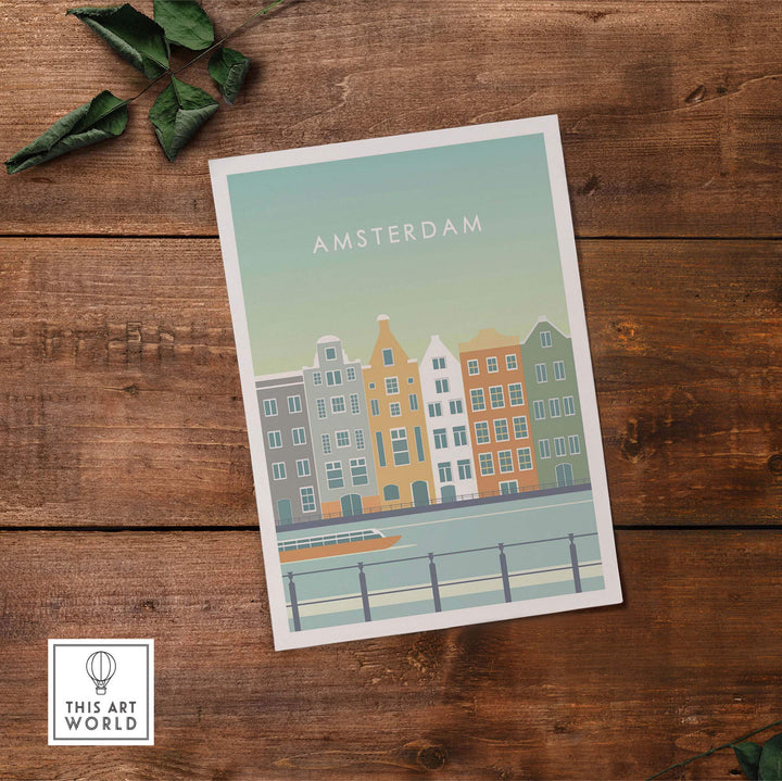 Amsterdam Print Wall Art Poster featuring colorful canal houses inspired by vintage travel art.