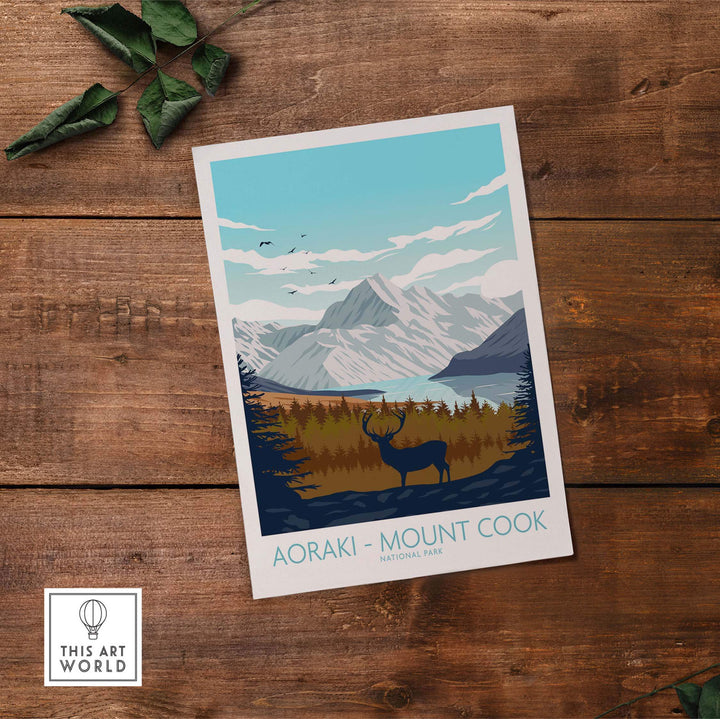 Aoraki Mount Cook vintage travel poster featuring mountains and deer, perfect for home or office decor.