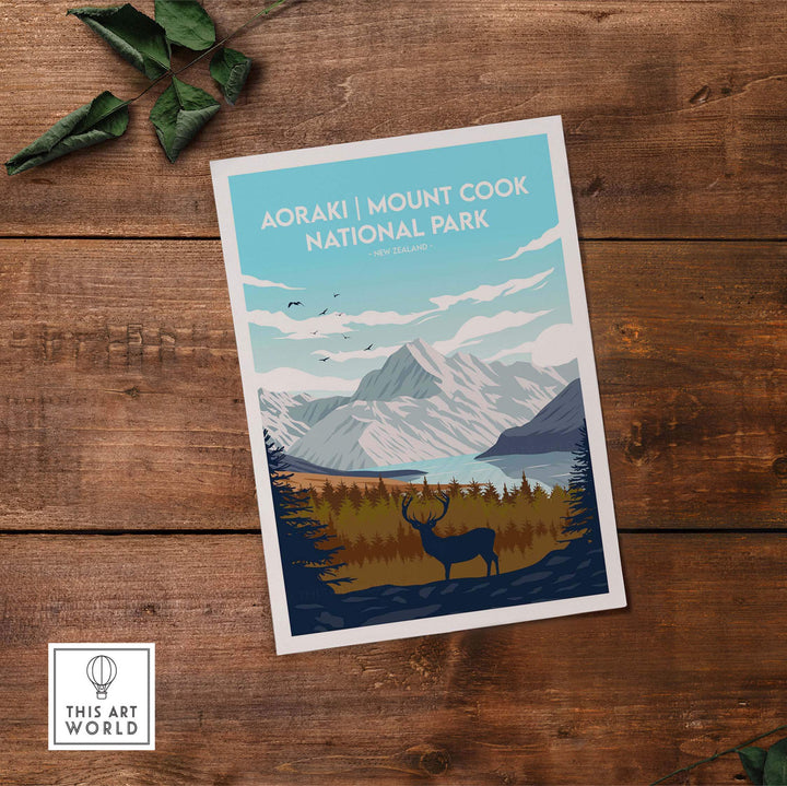 Aoraki Mount Cook National Park vintage travel poster print featuring mountains and wildlife in New Zealand.