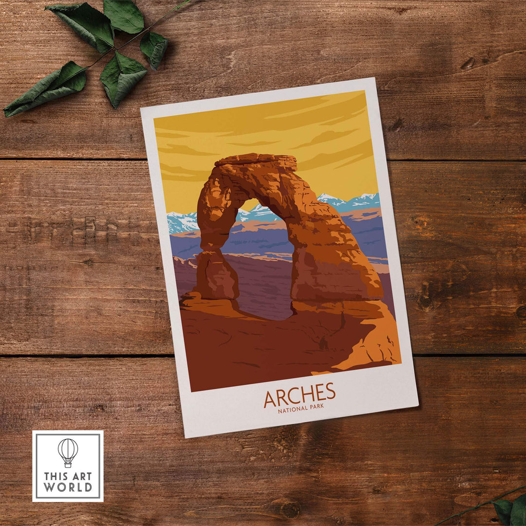 Arches National Park poster print featuring Delicate Arch on a rustic wooden background.