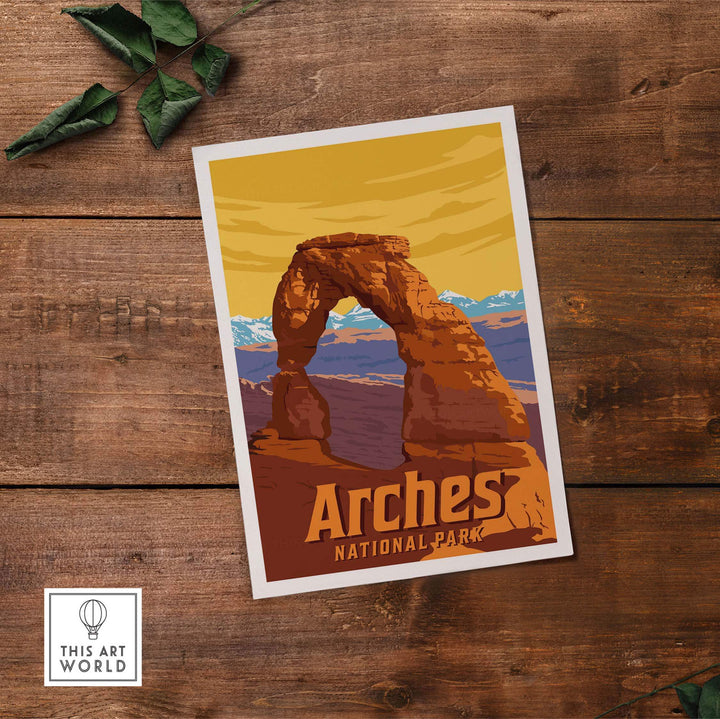 Vintage-style Arches National Park print showcasing the iconic rock formation against a vibrant background.