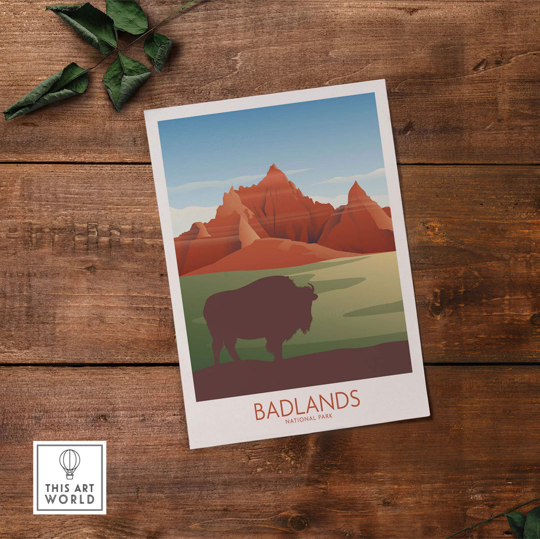 Badlands National Park art print featuring minimalist design with a bison and scenic mountains.