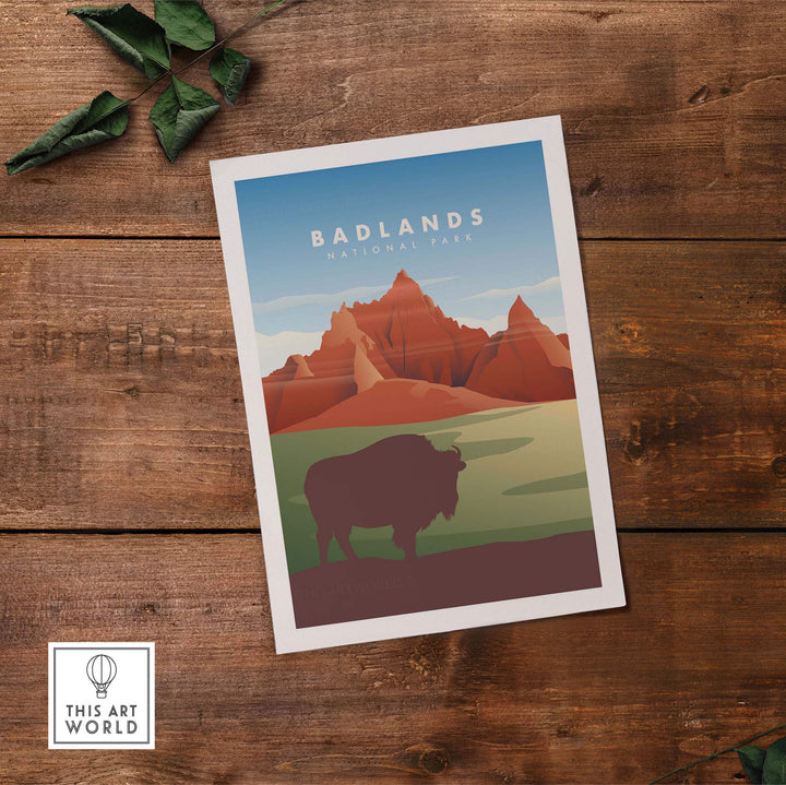 Minimalist Badlands National Park art print featuring bison and mountains, perfect for home or office decor.