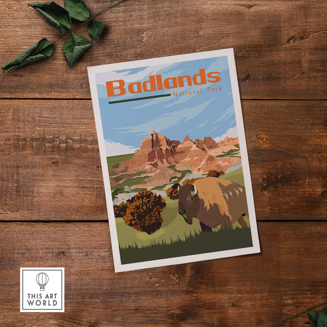 Badlands National Park vintage poster print featuring scenic landscapes and bison on wooden table backdrop.