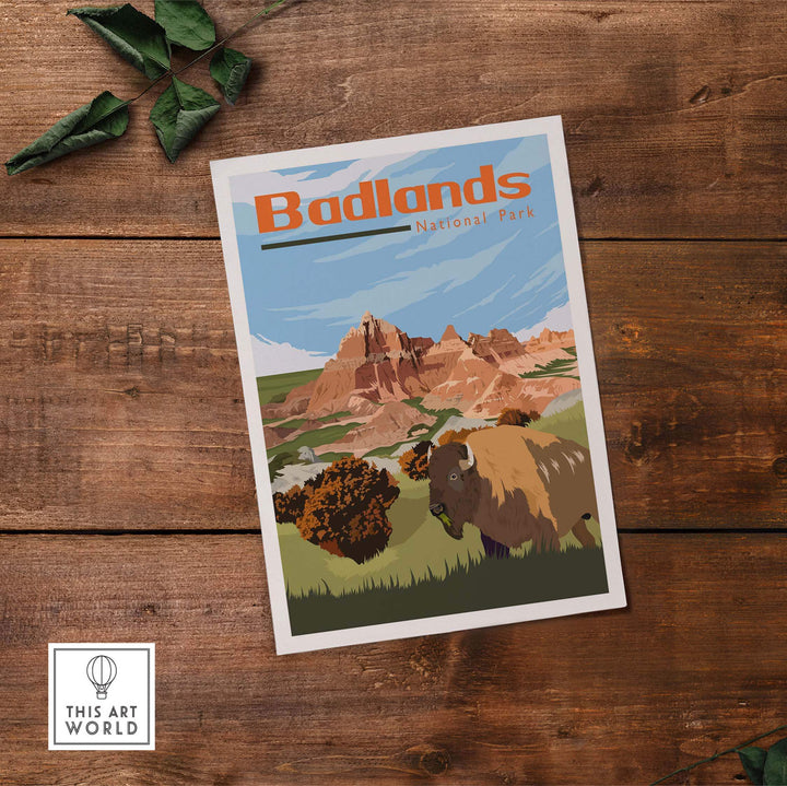 Badlands National Park vintage poster print featuring scenic landscapes and bison on wooden table backdrop.