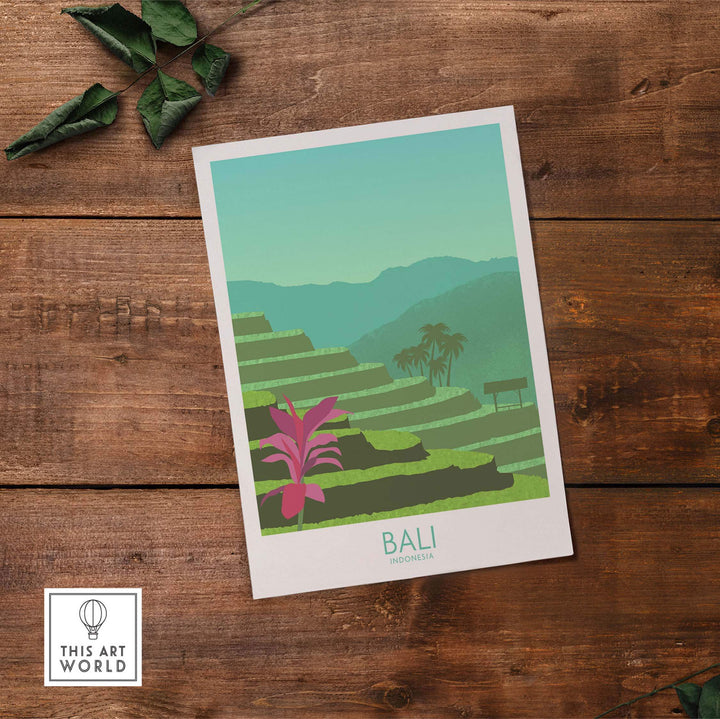 Bali Print wall art featuring rice terraces and tropical plants, inspired by vintage travel posters, framed or unframed.