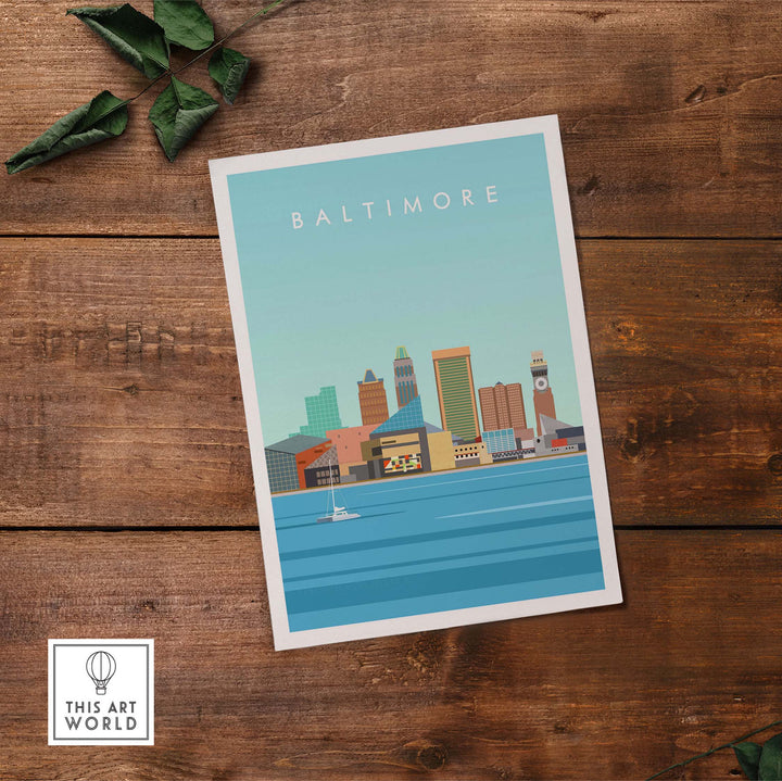Baltimore Maryland travel print featuring a minimalist city skyline and harbor, perfect for stylish wall decor.