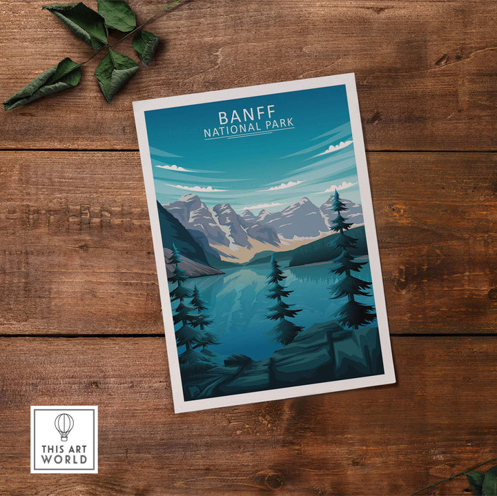 Banff Print Canada National Park poster featuring minimalist mountain landscape and pine trees.