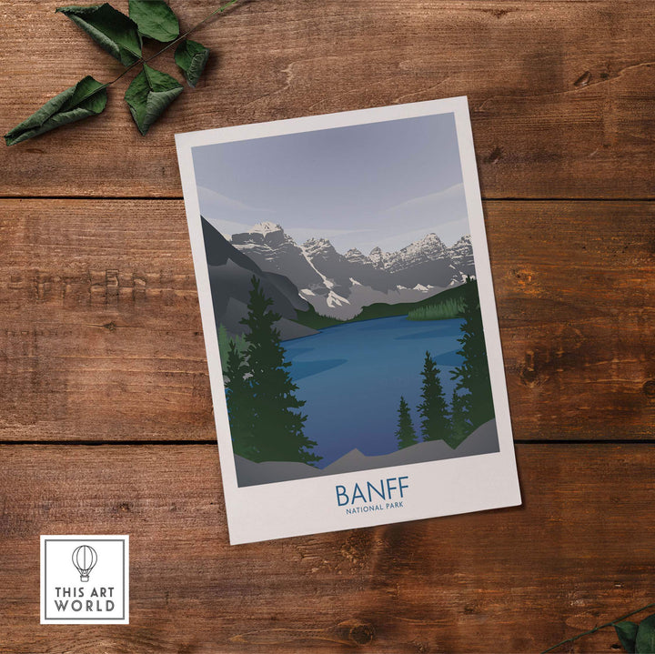 Banff National Park Art Print featuring a serene lake and mountains, ideal for nature lovers and stylish wall decor.