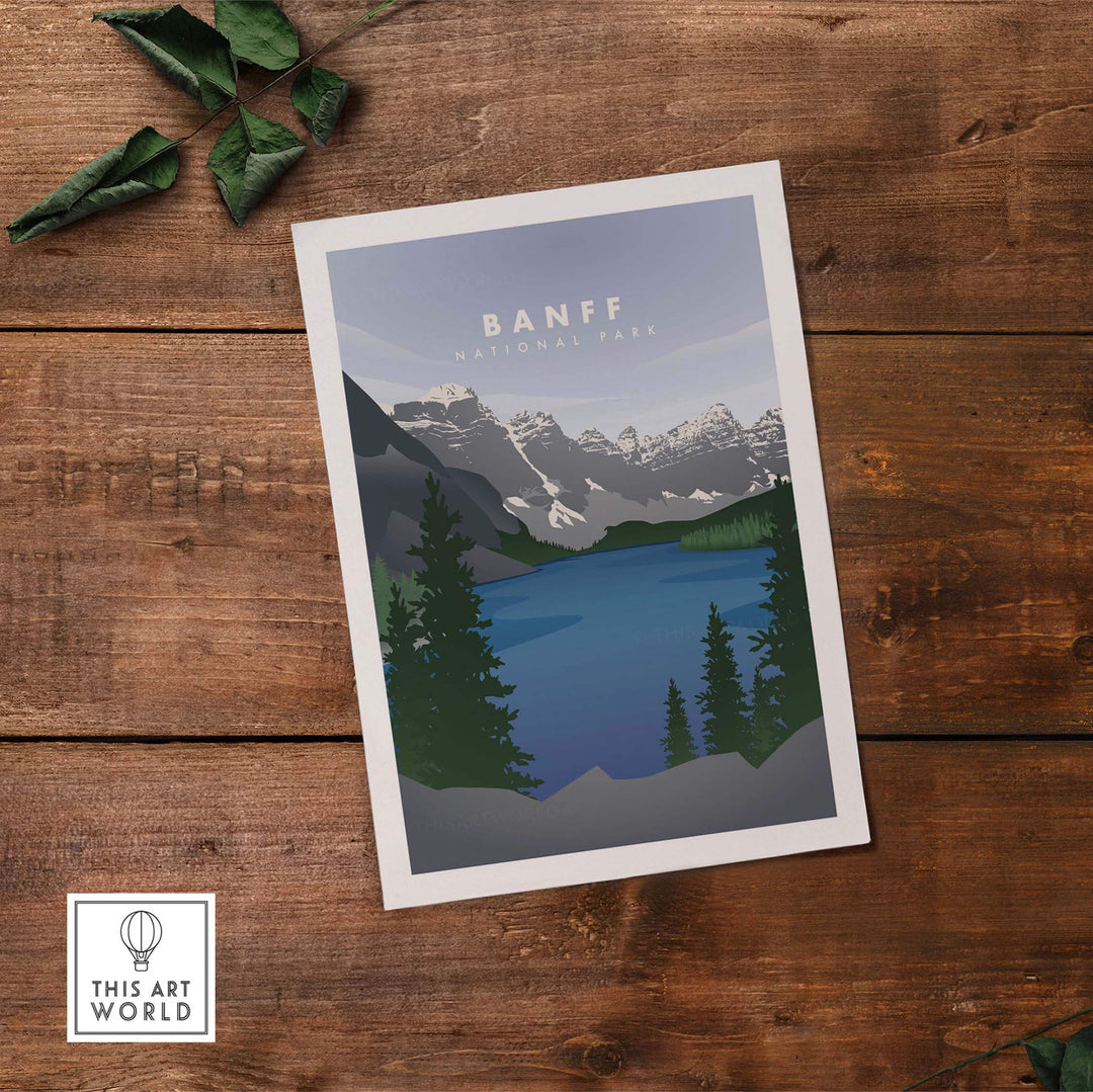 Minimalist Banff National Park art print showcasing mountains and lake, perfect for home or office wall decor.