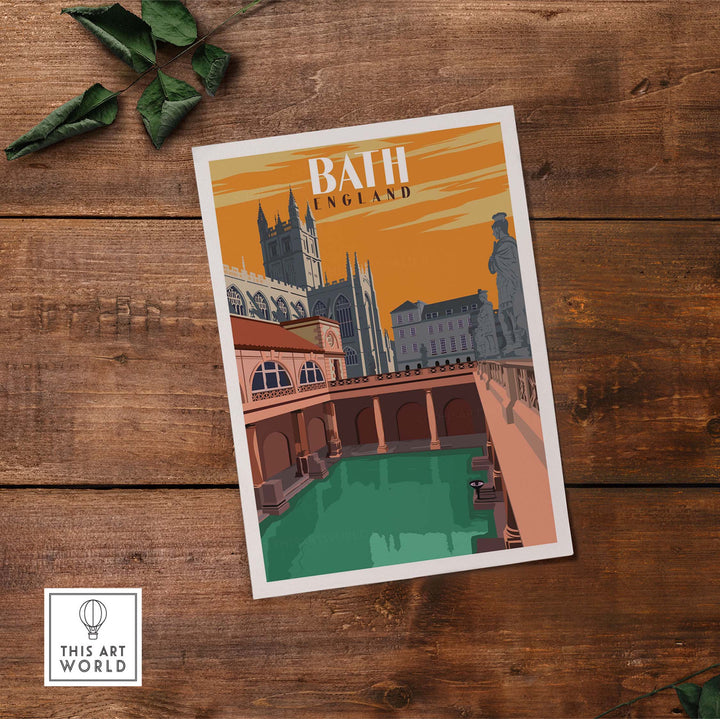 Bath England vintage travel poster print showcasing iconic architecture and serene waters, perfect for stylish wall decor.