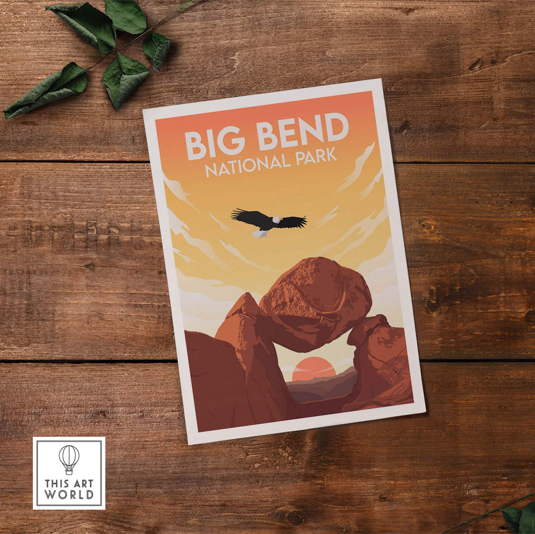 Big Bend National Park poster featuring minimalist design and vibrant sunset colors, perfect for home decor.